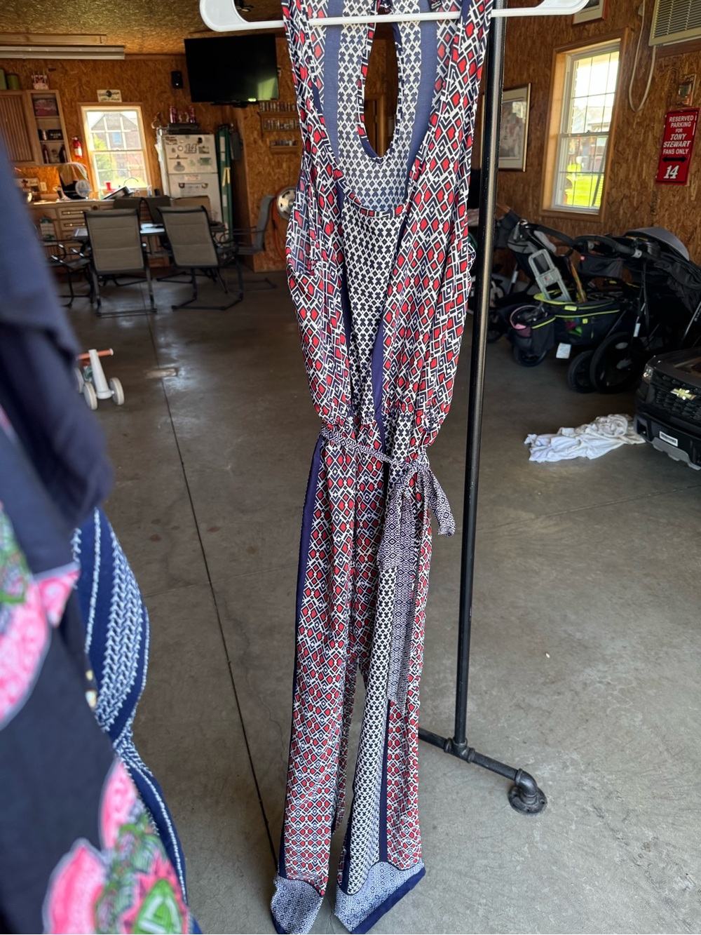 Sleeveless Geometric Print Jumpsuit in Red, Navy & White